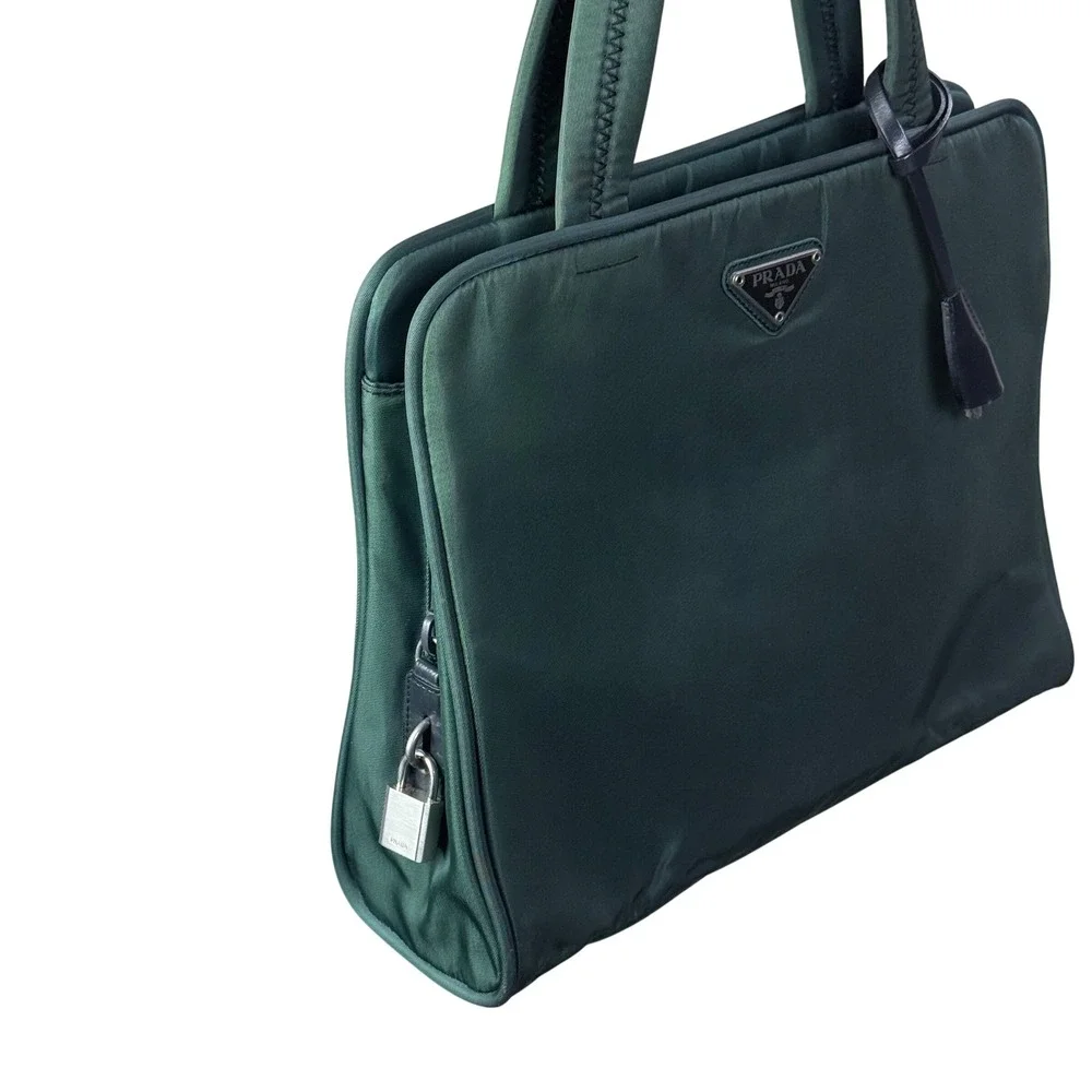 Prada Tessuto Nylon Tote Bag‎ Forest Green Silver Hardware Padlock Clochette